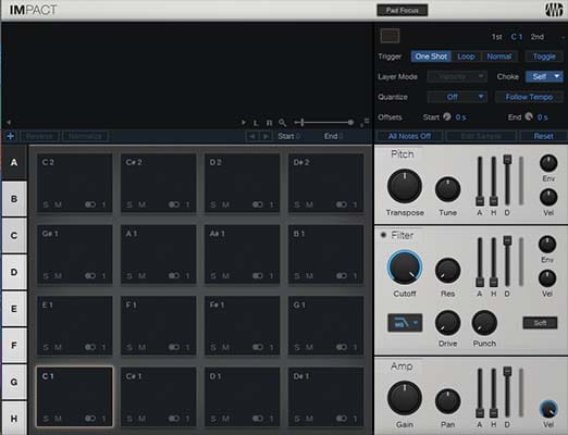 Screenshot of a drum machine virtual instrument plugin interface showing knobs, keys, and sound controls.