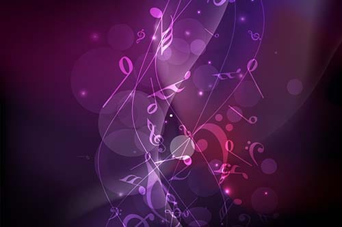 Abstract visual of musical notes surrounded by purple and red colors representing the sonic color of different instruments
