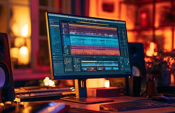 A home studio desk with a computer monitor displaying a DAW session filled with colorful tracks and waveforms.