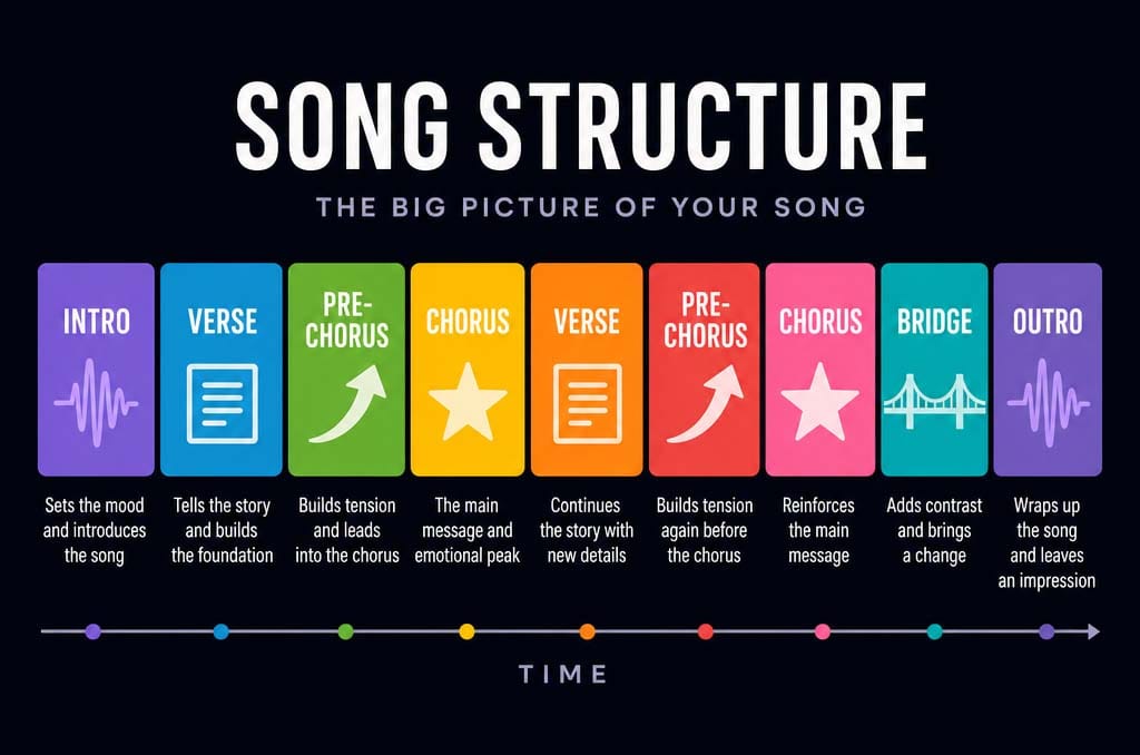 A graphical image showing song sections arranged from intro to outro, illustrating musical structure.