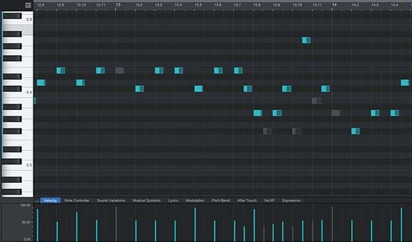Close‑up of a DAW piano roll displaying MIDI notes arranged in a piano roll grid pattern.