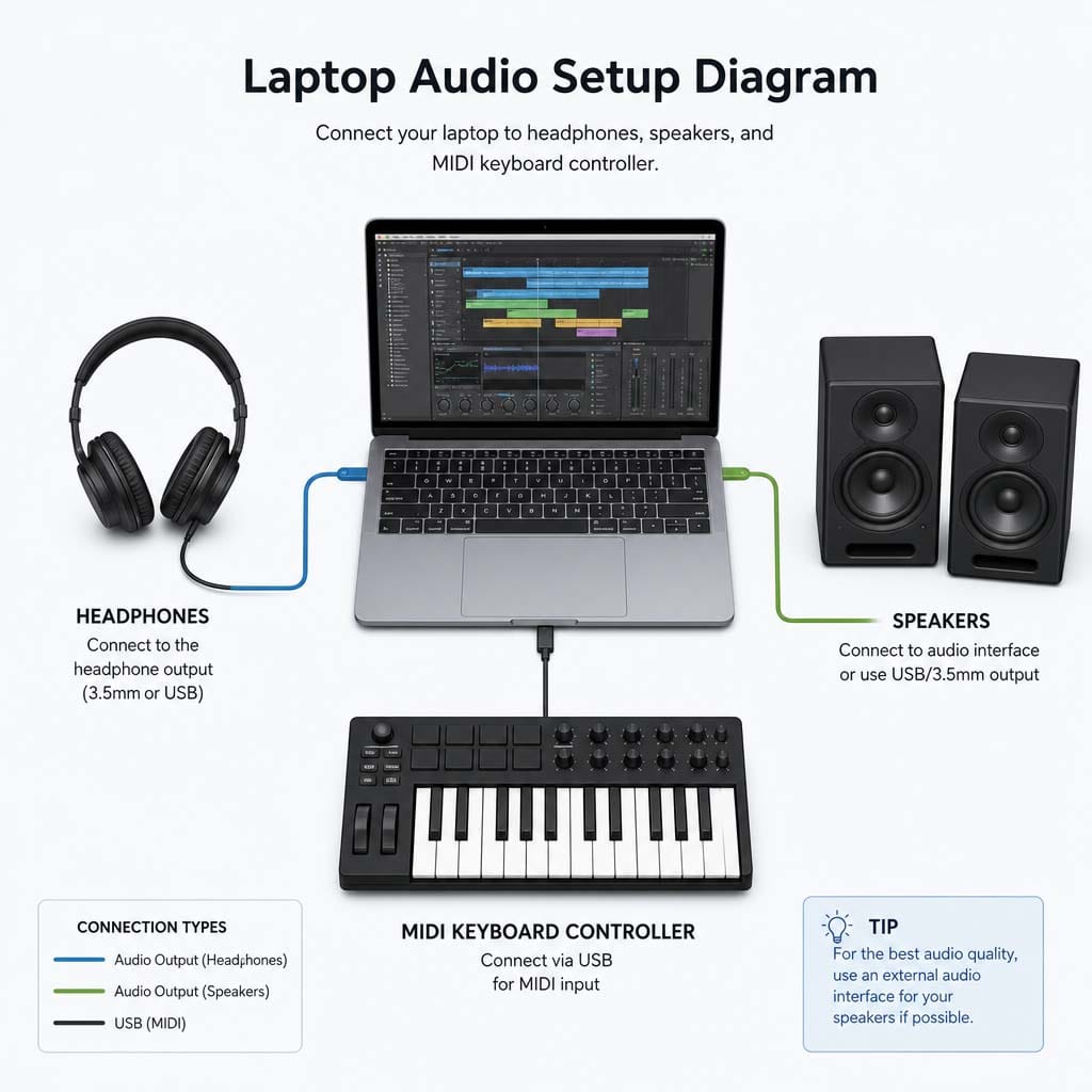 A simple diagram showing how to connect a laptop to headphones, speakers, and a USB MIDI keyboard for a basic beginner music production setup.
