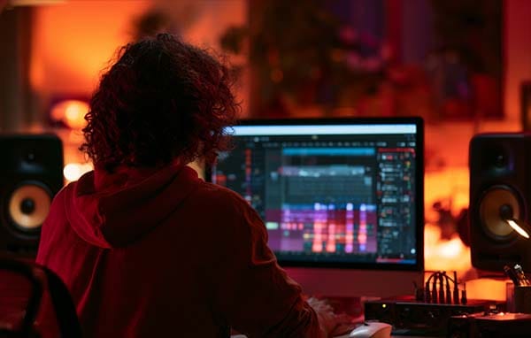 A person working in a dimly lit studio with a DAW session open and speakers on each side, illustrating the core environment where the basic building blocks of music production come together.