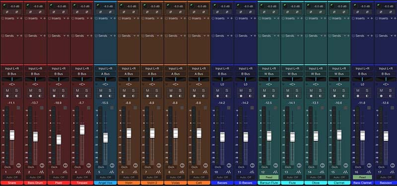 A DAW mixer with multiple color‑coded channel strips showing faders set for initial balance, demonstrating how to set levels before using any plugins.