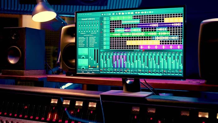 A digital audio workstation open on a studio monitor with tracks and mixing controls, showing beginners how Sparkflow simplifies the music‑making workflow.