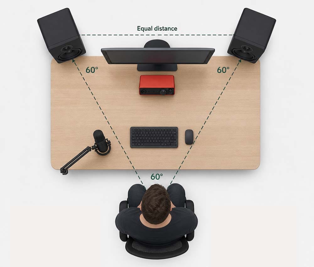 A graphic demonstrating an equilateral triangle between speakers and listener.