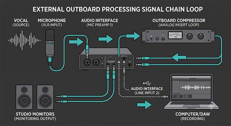A routing diagram showing how sound would move from a microphone through outboard gear