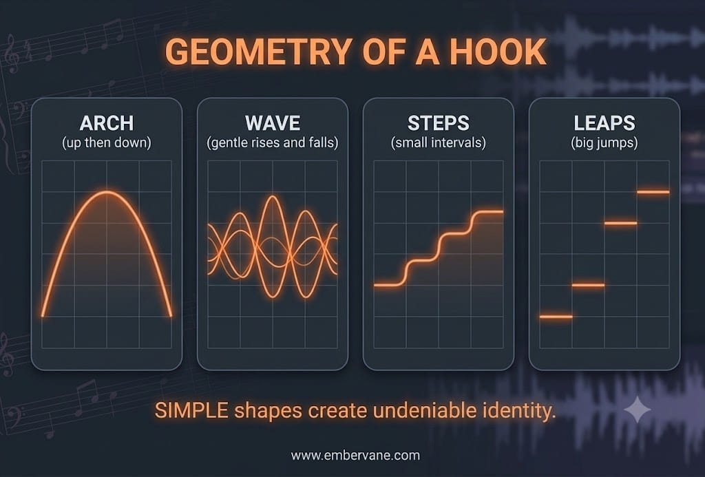 Geometry of a Hook infographic by Embervane: A clean digital diagram demonstrating simple shapes used to create memorable melodies for modern music producers.