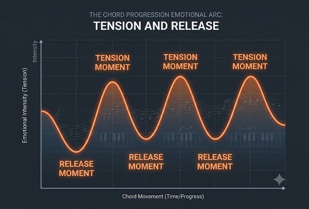 Tension and Release in music theory infographic from www.embervane.com, showing the emotional arc of a chord progression using high-level visual cues against a dark background.