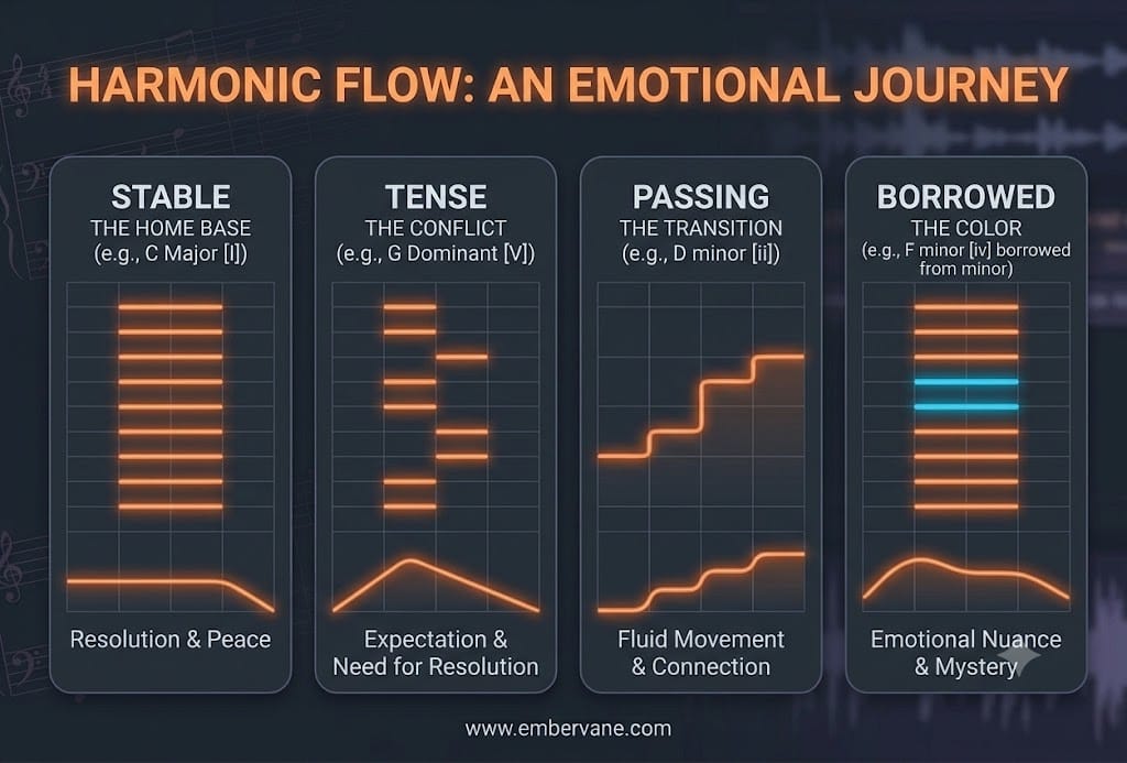 Harmonic Flow infographic by Embervane: A clean modern chart mapping the emotional journey of a chord progression using stable, tense, passing, and borrowed chords for songwriters.