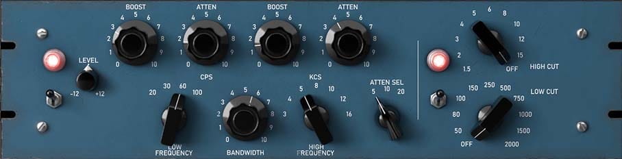 A Pultec tube equalizer plugin user interface with a classic dark blue metal faceplate, featuring retro rotary knobs for low and high frequency boosting, attenuation, and bandwidth control.