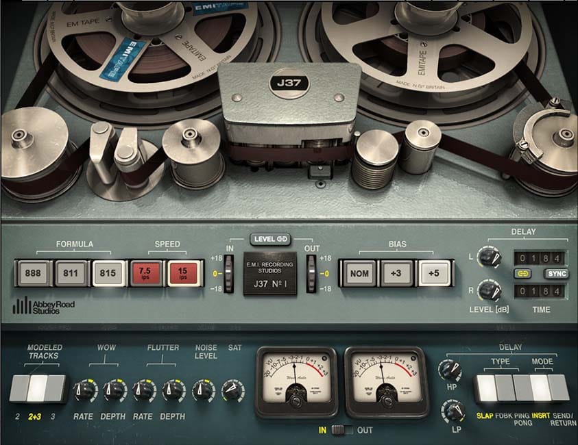 A digital audio tape emulation plugin interface modeled after the classic Waves Abbey Road J37, showcasing spinning dual magnetic tape reels, modern control buttons, and dual mechanical VU level meters.