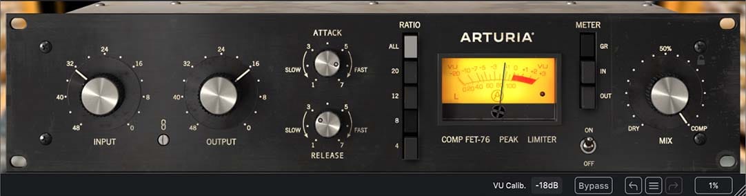 The Arturia Comp FET-76 compressor plugin interface, highlighting input and output gain dials, selectable ratio buttons, and a glowing vintage yellow VU meter displaying dynamic gain reduction.