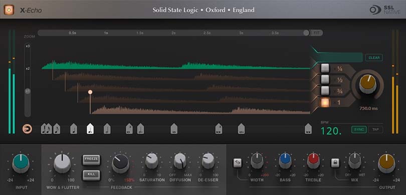 The Solid State Logic SSL Native X-Echo delay plugin interface displaying colorful scrolling audio waveforms, feedback controls, delay sync parameters, and input level meters.