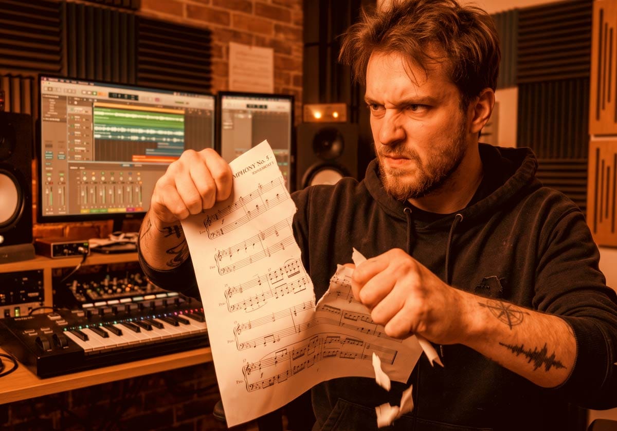 A frustrated music producer inside a dimly lit recording studio aggressively tears a piece of classical sheet music in half right in front of his computer monitors, audio hardware, and MIDI keyboard.