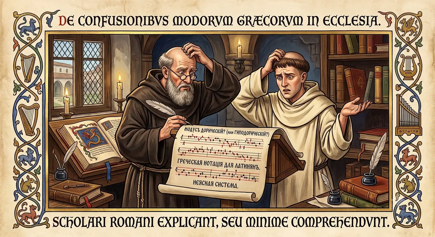 A medieval-style colored illustration showing two confused Christian monks scratch their heads in frustration inside a candlelit scriptorium monastery library. They look down at a musical parchment scroll covered in convoluted, contradictory ancient Greek modal notations they cannot understand. Ornamental Latin text above and below frames the comic scene.