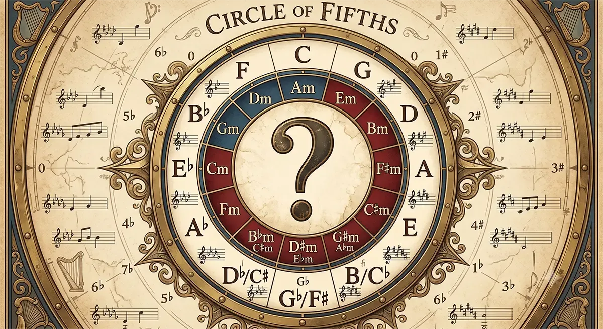 An ornate, vintage-style Circle of Fifths diagram labeled with musical keys, chord designations, and staff notation on an aged parchment background. A large, dark question mark sits directly in the center of the wheel.