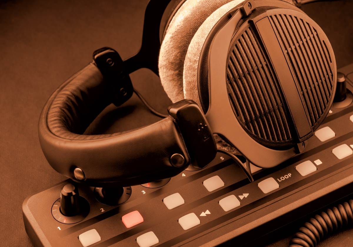 A frustrated music producer inside a dimly lit recording studio aggressively tears a piece of classical sheet music in half right in front of his computer monitors, audio hardware, and MIDI keyboard.