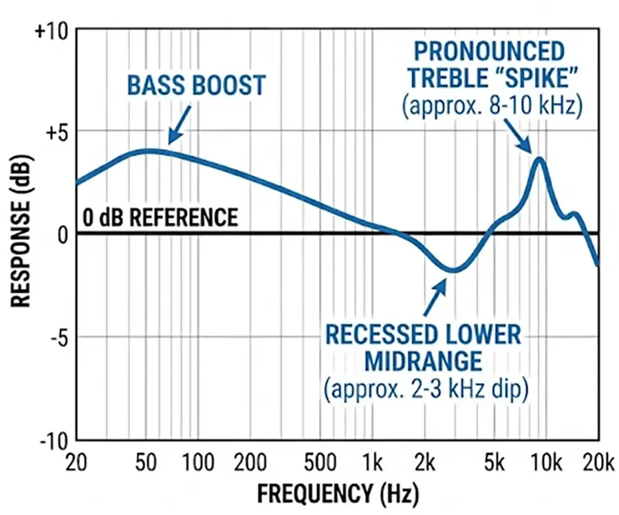 A technical frequency response graph illustrating a sample curve with specific annotations pointing out a low-end bass boost, a recessed lower midrange dip at 2-3 kHz, and a pronounced treble spike at 8-10 kHz compared to a flat target baseline.