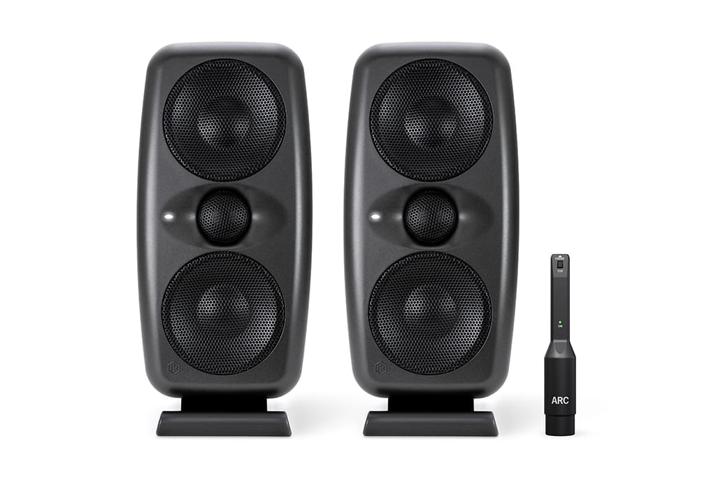 Pair of IK Multimedia iLoud MTM active coaxial studio monitors with ARC calibration microphone