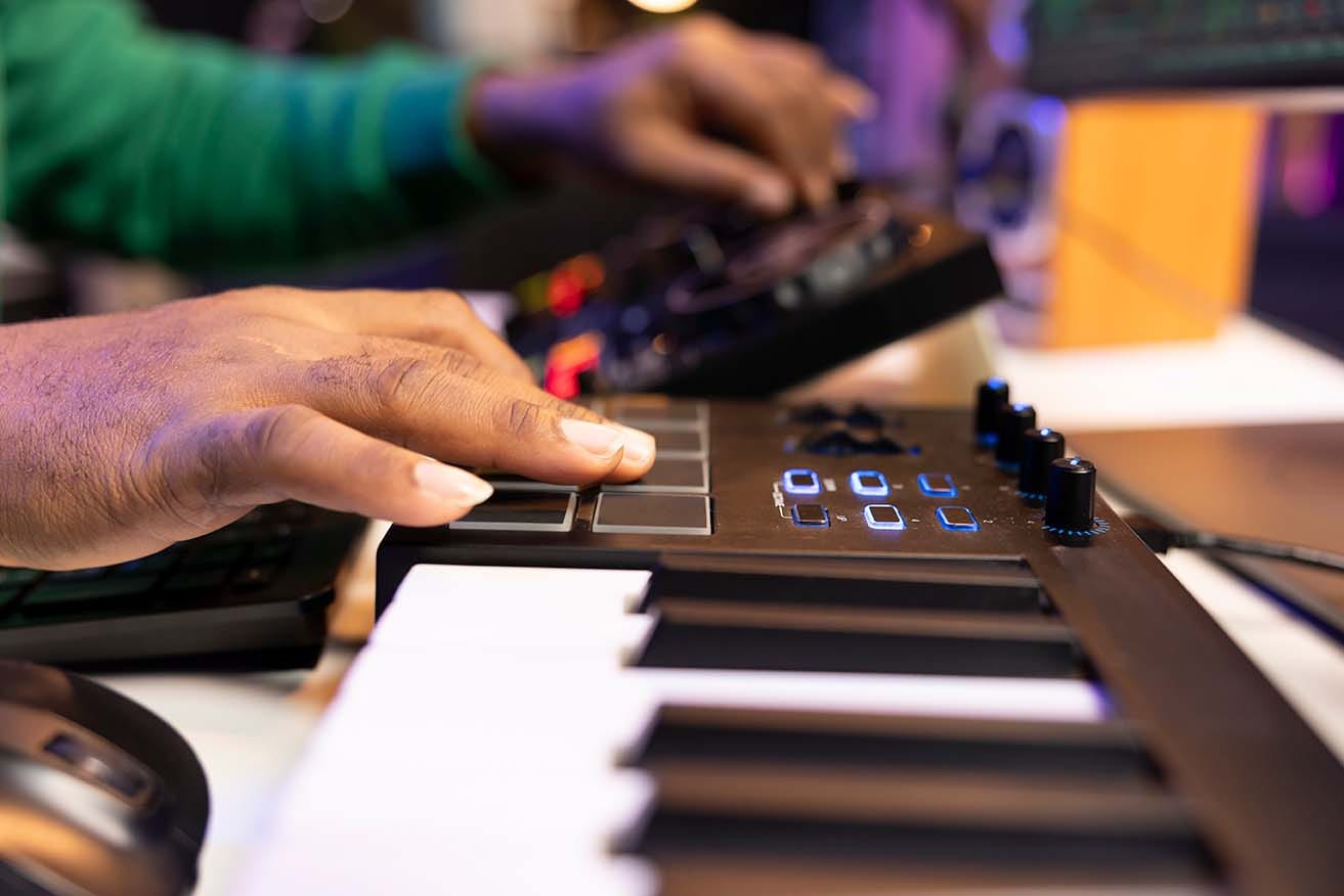 Hands playing a hybrid MIDI keyboard controller triggering virtual instruments in a home studio DAW setup