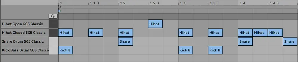 DAW MIDI grid display of an enhanced drum pattern with extra kick hits, snare ghost notes, and open hi-hat variations