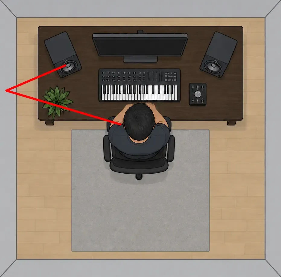 Illustration of early sound reflections bouncing off a side wall into the listener position.