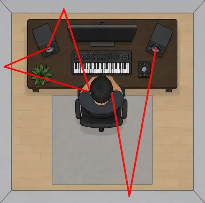 Top-down diagram showing acoustic reflection paths bouncing off side walls and back walls toward a home studio desk
