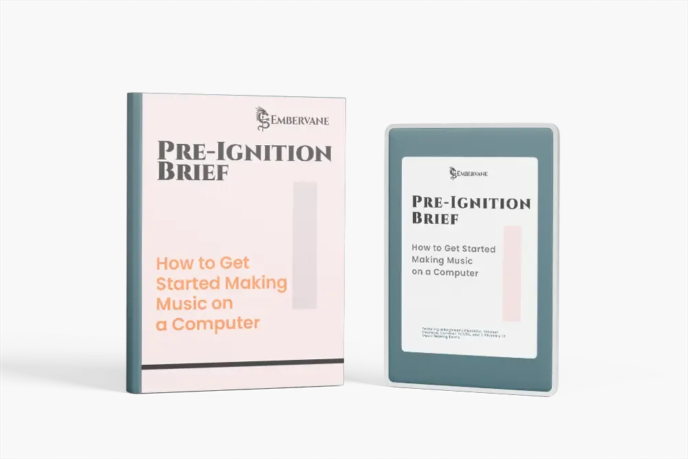 Embervane Pre-Ignition Brief 3D book and tablet mockup — 8-page beginner music production setup checklist