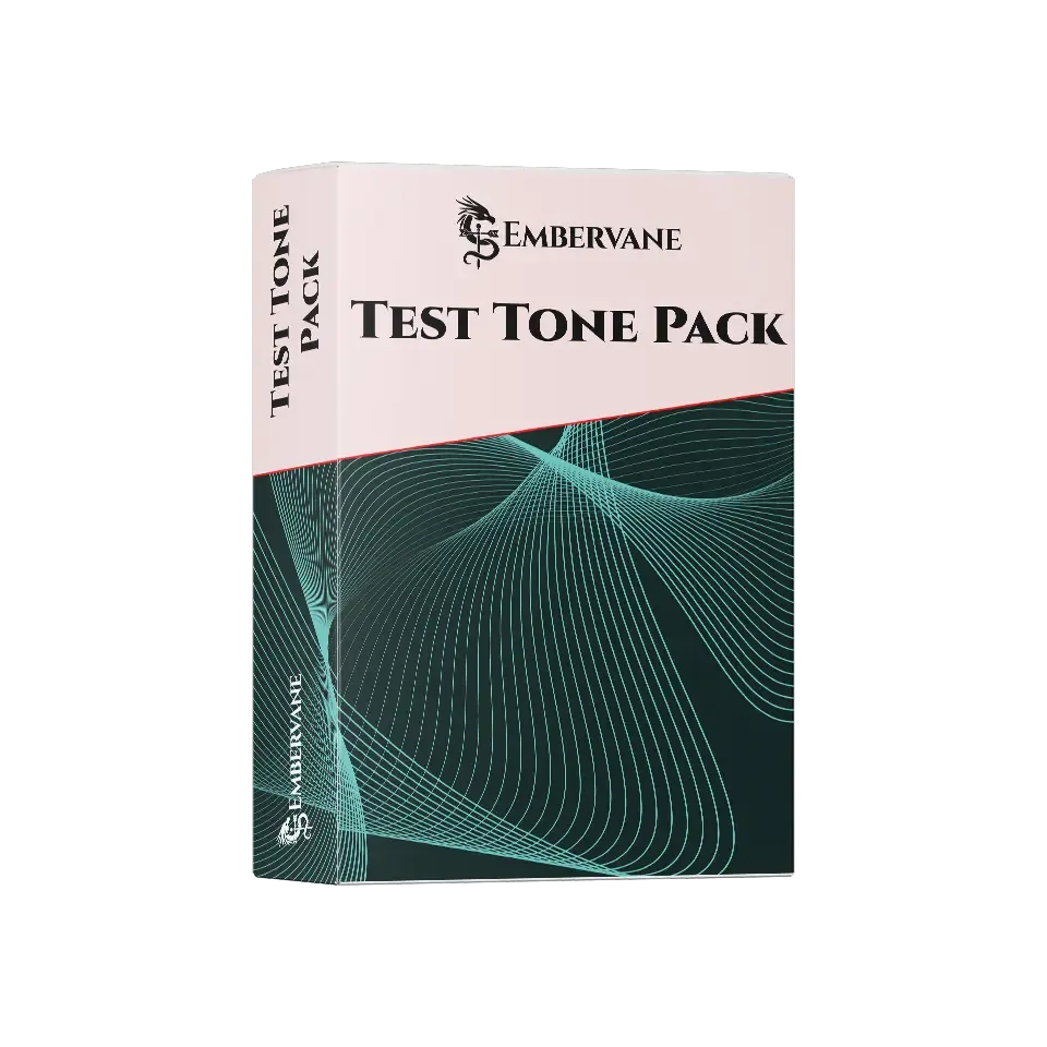 Embervane Test Tone Files 3D utility box mockup — free studio calibration audio WAV pack for gain staging and room testing