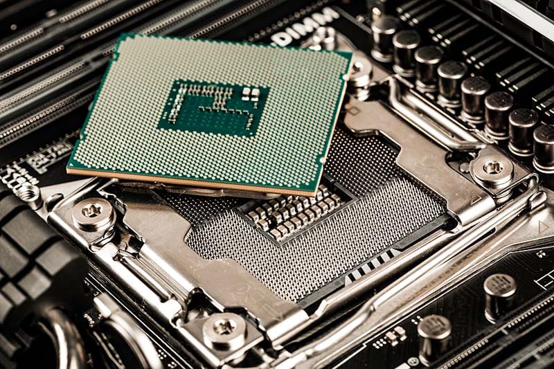 Computer motherboard processor CPU socket and RAM slots for home studio computer spec upgrades