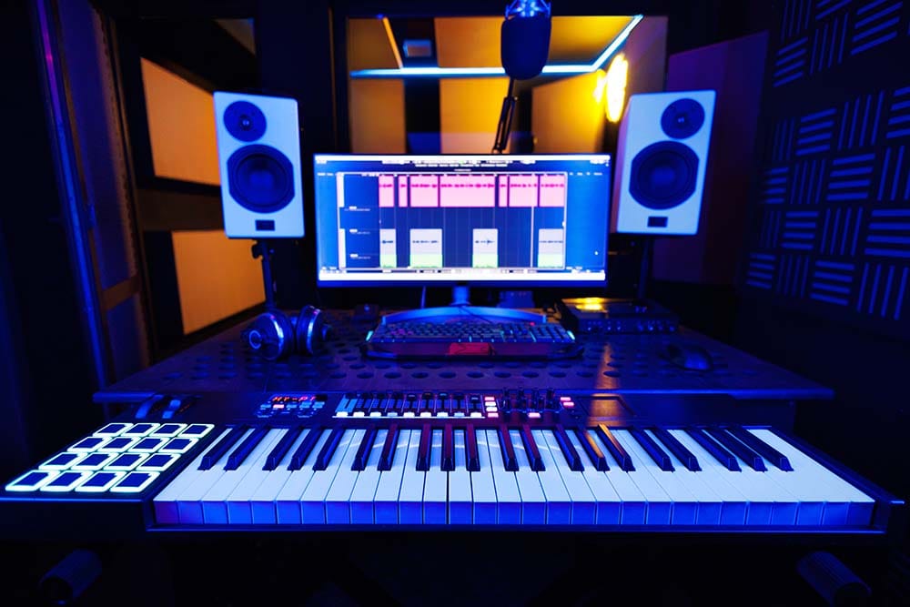 Professional home studio desk with acoustic treatment, studio monitors, DAW screen, and MIDI keyboard