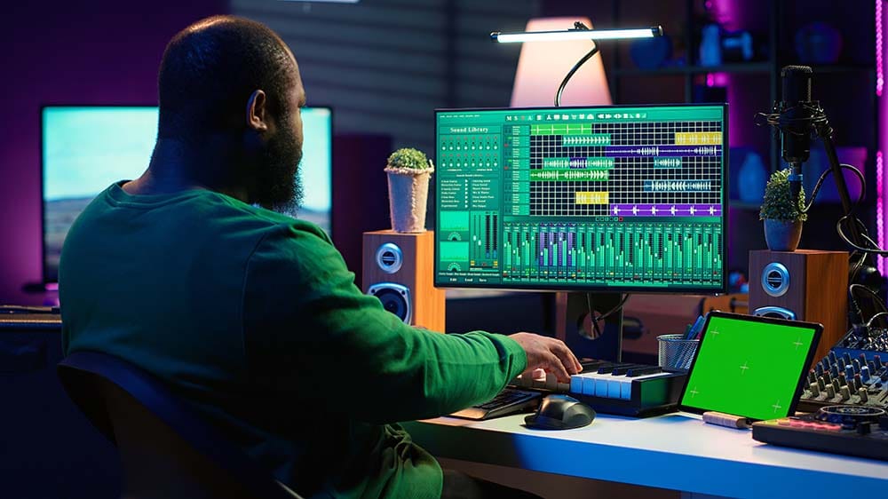 Music producer organizing aux returns and color-coded tracks inside a DAW session