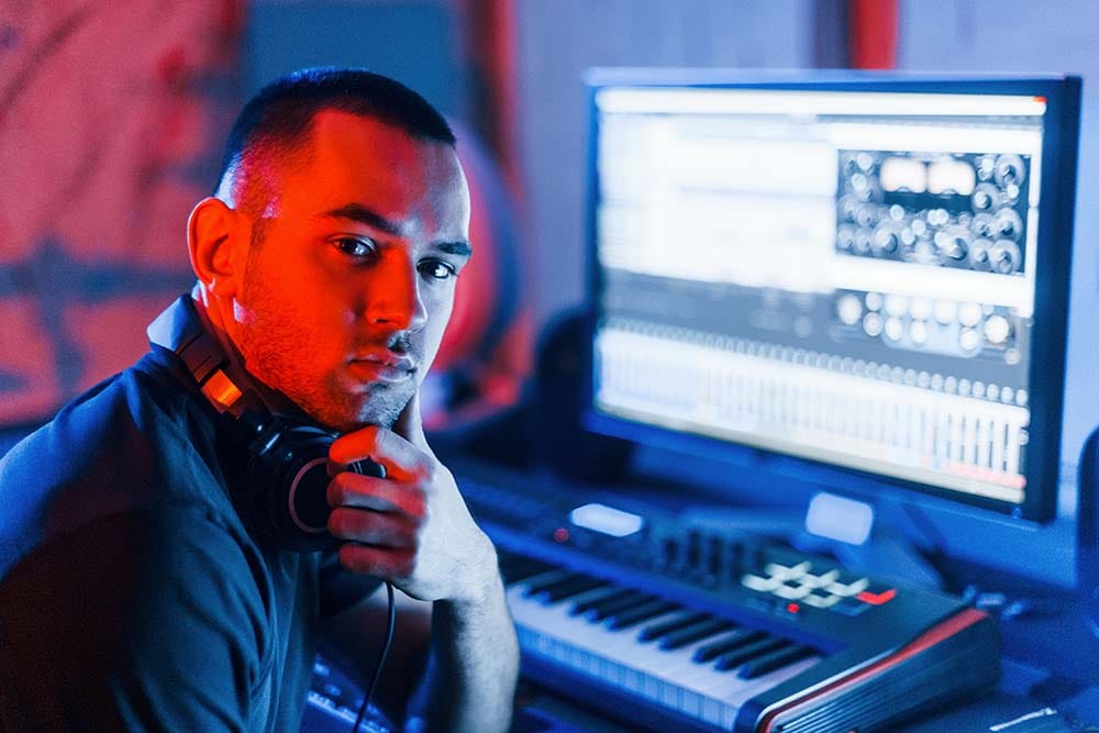 Electronic music producer monitoring a beat making session with a MIDI keyboard and DAW plugins