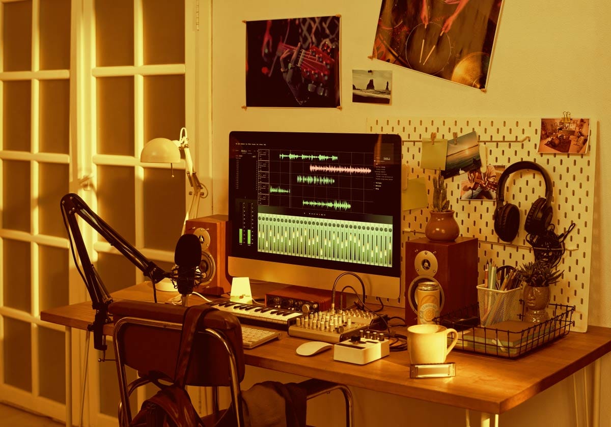 Organized home music production studio workspace featuring a computer running a digital audio workstation, studio monitors, MIDI keyboard, and microphone.
