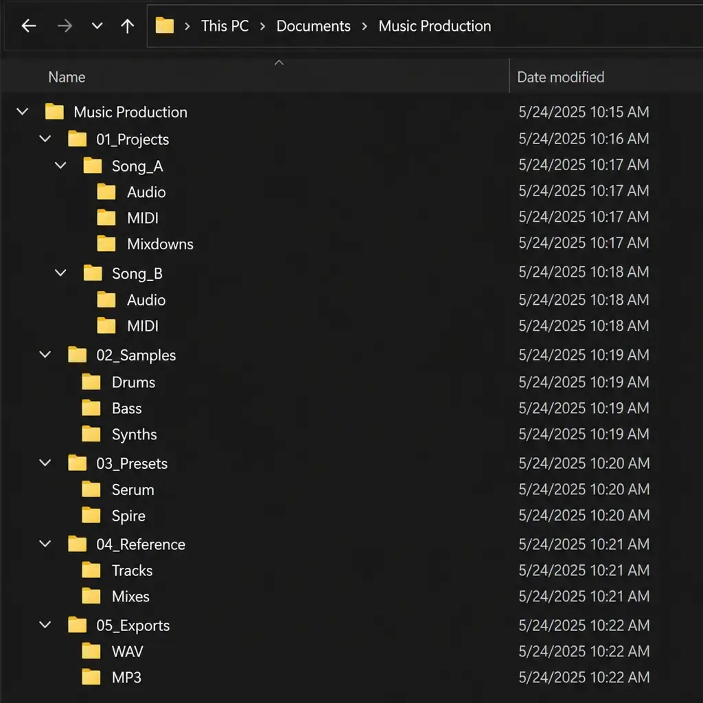 Computer file directory tree demonstrating an organized music production folder structure with subfolders for projects, samples, presets, references, and exports.