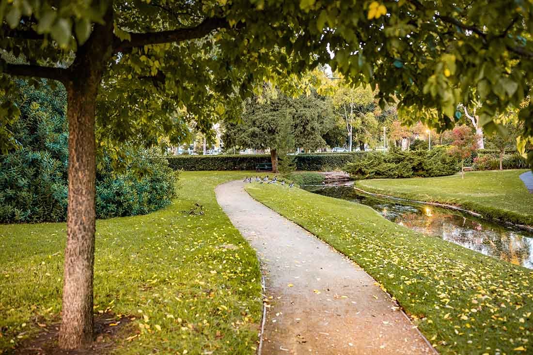 Winding walking path through a lush green park alongside a calm stream for taking a break from music production.
