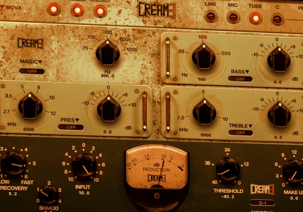 Close-up view of the Cream3 compressor interface by Acustica Audio showing compression, gain reduction and EQ controls.
