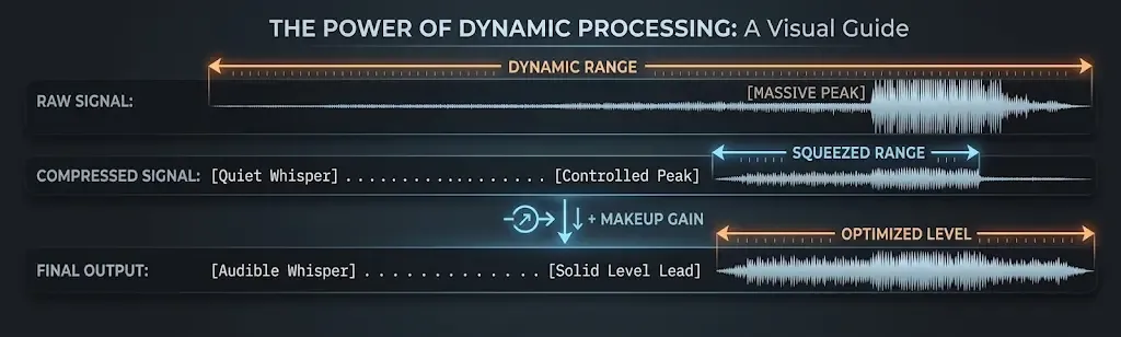Diagram illustrating dynamic range processing, comparing a wide raw waveform with massive peaks to a squeezed compressed signal and an optimized final output with makeup gain applied