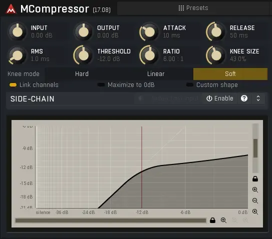 Soft knee compression curve comparison in MeldaProduction MCompressor