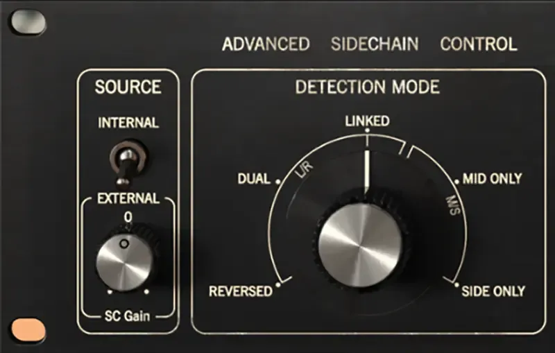 Arturia Comp FET-76 advanced sidechain control panel showing external source switch and detection mode knob