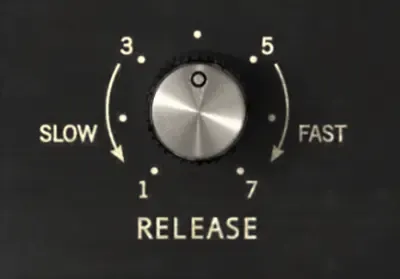 Arturia Comp FET-76 release knob control dial showing slow to fast settings from 1 to 7