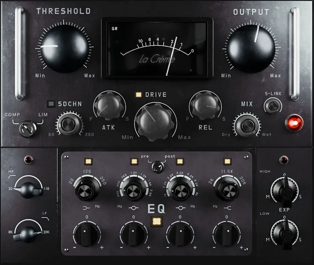 Tone Empire's La Crème 3 compressor plugin interface featuring threshold output gain reduction meter and EQ controls