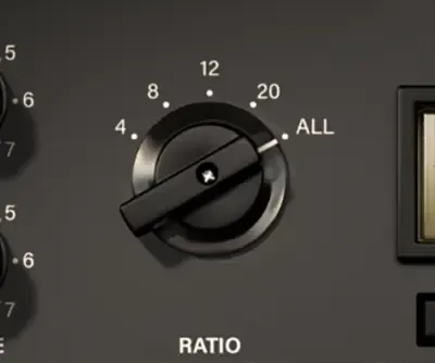 An Overloud GemComp76 plugin's ratio dial set to all-buttons-in mode.