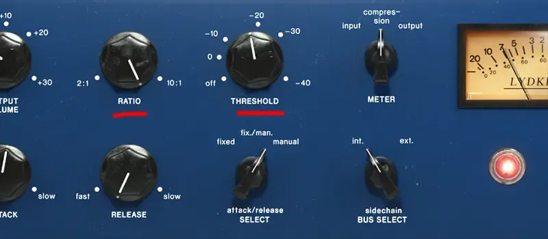 Tube-Tech CL 1B hardware compressor front panel showing dedicated Ratio and Threshold knobs with underlined text labels