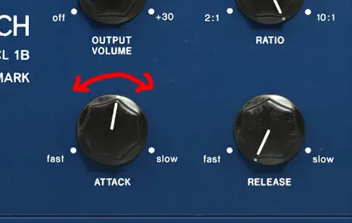 Close-up of the Attack knob on a Tube-Tech CL 1B compressor with a curved red arrow showing adjustment direction