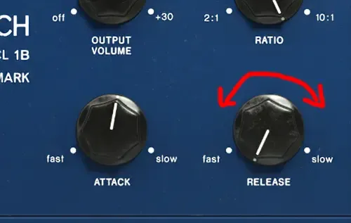 Close-up of the Release knob on a Tube-Tech CL 1B compressor with a curved red arrow showing adjustment direction