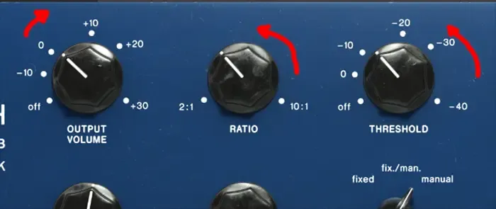 Tube-Tech CL 1B front panel showing red arrows turning down the Threshold and Ratio knobs while turning up Output Volume for makeup gain