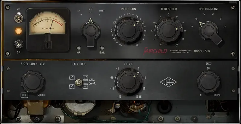 Universal Audio Fairchild Model 660 tube Variable-Mu compressor plugin interface featuring Input Gain, Threshold, and Time Constant controls