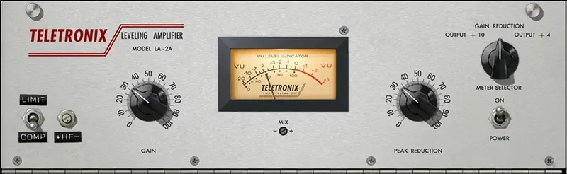 Universal Audio LA-2A optical leveling amplifier plugin interface featuring Gain and Peak Reduction control knobs